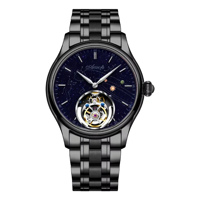 Ravbold Acier Noir Cosmos – Montre mécanique Tourbillon 42 mm