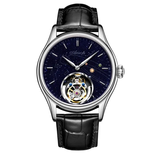 Ravbold Cuir Noir Gris Cosmos – Montre mécanique Tourbillon 42 mm