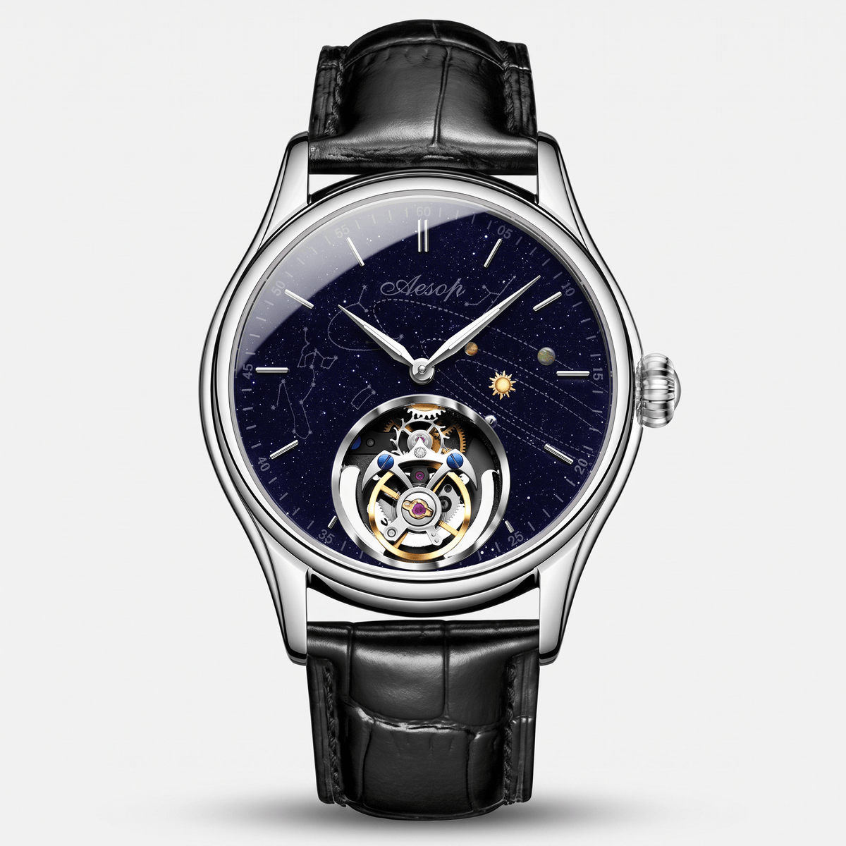 Ravbold Cuir Noir Gris Cosmos – Montre mécanique Tourbillon 42 mm