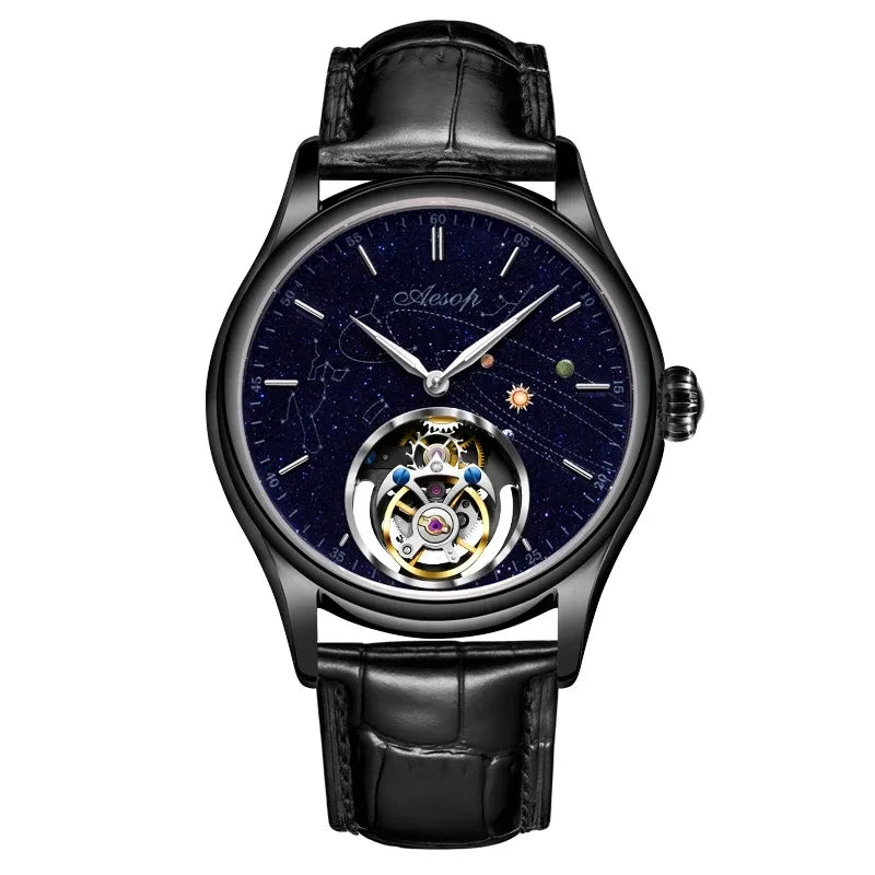 Ravbold Cuir Noir Cosmos – Montre mécanique Tourbillon 42 mm